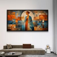 תמונת קנבס לרוחב עם דמות נשית אבסטרקטית בגווני כחול וכתום בעיצוב אומנותי מודרני לסלון