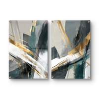 תמונת זכוכית זוגית אבסטרקטית בגווני ירוק, לבן ושחור עם נגיעות זהב בעיצוב מודרני