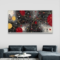 תמונת קנבס אבסטרקטית לרוחב בגווני שחור, אדום וצהוב עם קווים דינמיים ונגיעות זהב