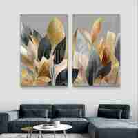 תמונת זכוכית זוגית עם עלים בגווני זהב, שמנת ושחור בעיצוב אלגנטי ומודרני