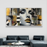 תמונת קנבס לרוחב עם דיוקן נשי אבסטרקטי ונגיעות זהב בגווני שחור, לבן ואפור, בהדפסה חלקה לעיצוב מודרני ויוקרתי.