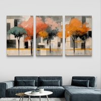 שלשת תמונות זכוכית עצים אבסטרקטיים בגווני כתום, אפרסק וטורקיז – דגם GG5473