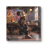 תמונת זכוכית מרובעת עם דמות מיקי בסגנון רחוב אורבני ורקע גרפיטי צבעוני, הדפסה חלקה ללא תבליט