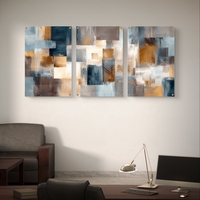 סט שלישייה של תמונות זכוכית אבסטרקטיות בגווני תכלת, שמנת וחום בעיצוב גאומטרי מודרני