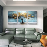 תמונת זכוכית שלישייה עם עץ זהוב על רקע כחול טורקיז בעיצוב מודרני