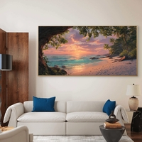 תמונת קנבס לרוחב של חוף טרופי בשקיעה עם עצי קוקוס, גלים וצבעי זהב וטורקיז – NEXTGEN BY BAR