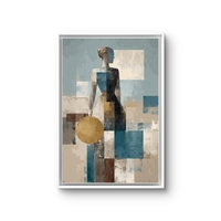 תמונת קנבס עם דמות נשית מופשטת בסגנון גאומטרי, גווני תכלת וחול ועיגול זהוב בעיצוב אלגנטי ומודרני