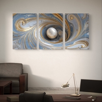 סט שלישייה של תמונות זכוכית אבסטרקטיות בגווני תכלת, לבן וזהב עם כדור מרכזי ועיצוב מודרני