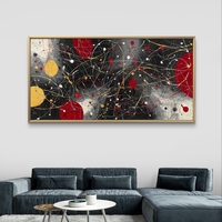 תמונת קנבס אבסטרקטית לרוחב בגווני שחור, אדום וצהוב עם קווים דינמיים ונגיעות זהב