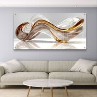 תמונת קיר זכוכית אבסטרקט עם תנועת גל שקופה ונגיעות זהב, עיצוב נקי לסלון