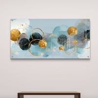 תמונת זכוכית לרוחב עם כתמי כחול ומעגלי זהב במראה אבסטרקטי מודרני, הדפסה חלקה ללא תבליט