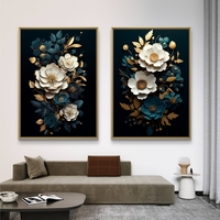 תמונת קנבס זוגית פרחונית בגווני שחור, טורקיז ולבן עם נגיעות זהב יוקרתיות