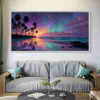 תמונת קנבס לרוחב של חוף טרופי בשקיעה עם אורות הצפון, דקלים כהים והשתקפויות צבעוניות על פני המים – NEXTGEN BY BAR