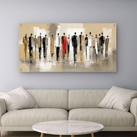 תמונת זכוכית לרוחב עם דמויות מופשטות בצבעי שחור, לבן ובז’ ונגיעה אדומה דרמטית, מתוך קולקציית תכשיט לבית.