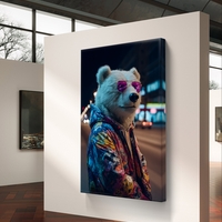 תמונת קנבס של דוב אורבני עם משקפי שמש סגולים וז’קט צבעוני על רקע עירוני בלילה