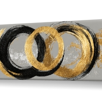 תמונת קנבס פנורמית אבסטרקטית עם מעגלים בגווני שחור וזהב על רקע אפור בעיצוב מודרני ויוקרתי