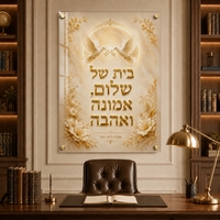 בית של שלום אמונה ואהבה – תמונת זכוכית ברכה עם ספייסרים מוזהבים | RG453