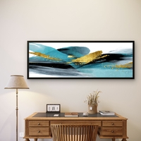 תמונת קנבס פנורמית עם גלים מופשטים בגווני טורקיז ושחור ונגיעות זהב – גלי זהב