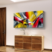 תמונת קנבס אבסטרקטית לרוחב בגווני צהוב, אדום ואפור עם קווים דינמיים ותנועה מודרנית