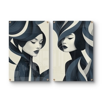 תמונת זכוכית זוגית עם דיוקנאות נשיים בעיצוב מודרני בגווני כחול ואפור