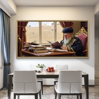 תמונת קנבס המציגה רב גדול בלימוד תורה, יושב לצד שולחן עם ספרי קודש, על רקע נוף יהודי מסורתי הנשקף מחלון גדול.