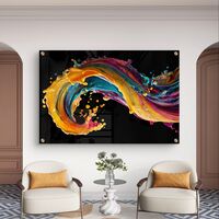 תמונת זכוכית אבסטרקטית עם גל צבעוני דינמי בגווני זהב, טורקיז וורוד בעיצוב מודרני