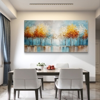 תמונת זכוכית לרוחב עם שדרת עצים בגווני תכלת וזהב המשתקפים במים, בהדפסה חלקה לעיצוב קיר יוקרתי ומרגיע.