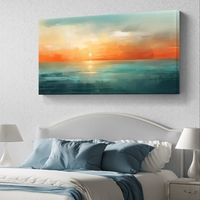 תמונת קנבס לרוחב עם שקיעה אבסטרקטית מעל הים בגווני תכלת, כתום וחול בעיצוב רגוע ואלגנטי