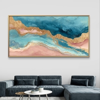 תמונת קנבס לרוחב בעיצוב אבסטרקטי עם זרימה בגווני תכלת, ורוד וקווים זהובים