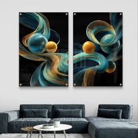 סט תמונות זכוכית זוגי בגווני תכלת וזהב עם גלים וכדורים זוהרים על רקע שחור – תכשיט לבית