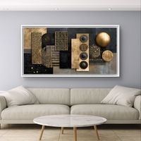 תמונת קנבס אבסטרקטית לרוחב בגווני שחור וזהב עם צורות גאומטריות וטקסטורות יוקרתיות