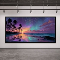 תמונת קנבס לרוחב של חוף טרופי בשקיעה עם אורות הצפון, דקלים כהים והשתקפויות צבעוניות על פני המים – NEXTGEN BY BAR