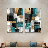 תמונת זכוכית זוגית אבסטרקטית בגווני טורקיז שחור וזהב בהדפסה חלקה מודרנית