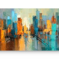 תמונת זכוכית פנורמית אבסטרקטית עם קו־רקיע עירוני בגווני טורקיז, כתום וזהב בעיצוב מודרני ודינמי לקיר הבית