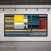 תמונת קנבס מודרנית עם דמות צועדת על רקע קווים צבעוניים מופשטים בגווני צהוב, אדום וטורקיז – NEXTGEN BY BAR