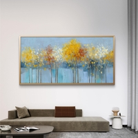 תמונת קנבס של עצים עדינים בגווני תכלת, צהוב ולבן על רקע בהיר