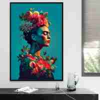 תמונת קנבס של פרידה קאלו בפרופיל אומנותי עם פרחים צבעוניים על רקע כחול, מתוך קולקציית NEXTGEN BY BAR מבית תכשיט לבית.