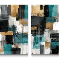 תמונת זכוכית זוגית אבסטרקטית בגווני טורקיז שחור וזהב בהדפסה חלקה מודרנית