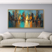 תמונת קנבס אבסטרקטית לרוחב עם קו רקיע עירוני והשתקפות מים בגווני כחול, טורקיז וזהב