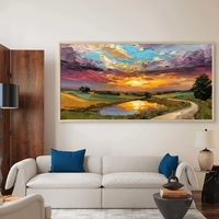 תמונת קנבס לרוחב של שקיעה צבעונית מעל אגם עם עננים דרמטיים ושדות ירוקים – NEXTGEN BY BAR