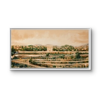 תמונת קנבס לרוחב עם נוף ירושלים ושער סמלי בגווני זהב וטבע, הדפסה חלקה מבית תכשיט לבית