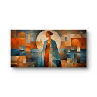 תמונת קנבס לרוחב עם דמות נשית אבסטרקטית בגווני כחול וכתום בעיצוב אומנותי מודרני לסלון