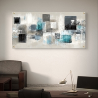 תמונת זכוכית לרוחב עם ריבועים אבסטרקטיים בגווני שחור, אפור וטורקיז על רקע בהיר – תכשיט לבית