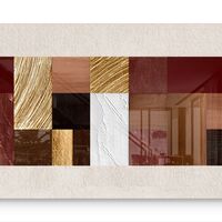 תמונת זכוכית לרוחב בעיצוב אבסטרקטי גאומטרי בגווני בורדו, חום וזהב עם הדפסה חלקה ומראה יוקרתי