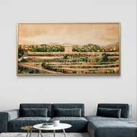 תמונת קנבס לרוחב עם נוף ירושלים ושער סמלי בגווני זהב וטבע, הדפסה חלקה מבית תכשיט לבית