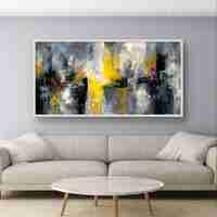 תמונת קנבס אבסטרקט עירוני – כתמי זהב וצהוב על רקע אפור ושחור | CJ6533