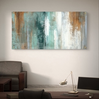 תמונת זכוכית לרוחב בעיצוב אבסטרקטי עם שכבות צבע אנכיות בגווני טורקיז, שמנת וחלודה, בהדפסה חלקה למראה מודרני ורגוע.