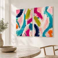 זוג תמונות זכוכית אבסטרקטיות במשיכות מכחול צבעוניות | דגם HG783