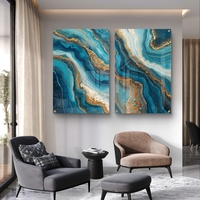 תמונת זכוכית זוגית בעיצוב אבסטרקט בגווני טורקיז, כחול וזהב עם זרימה טבעית