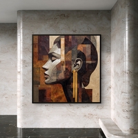 תמונת קנבס מרובעת עם דיוקן נשי אבסטרקטי בפרופיל, בגווני חום, בז’ וזהב, הדפסה חלקה ללא תבליט